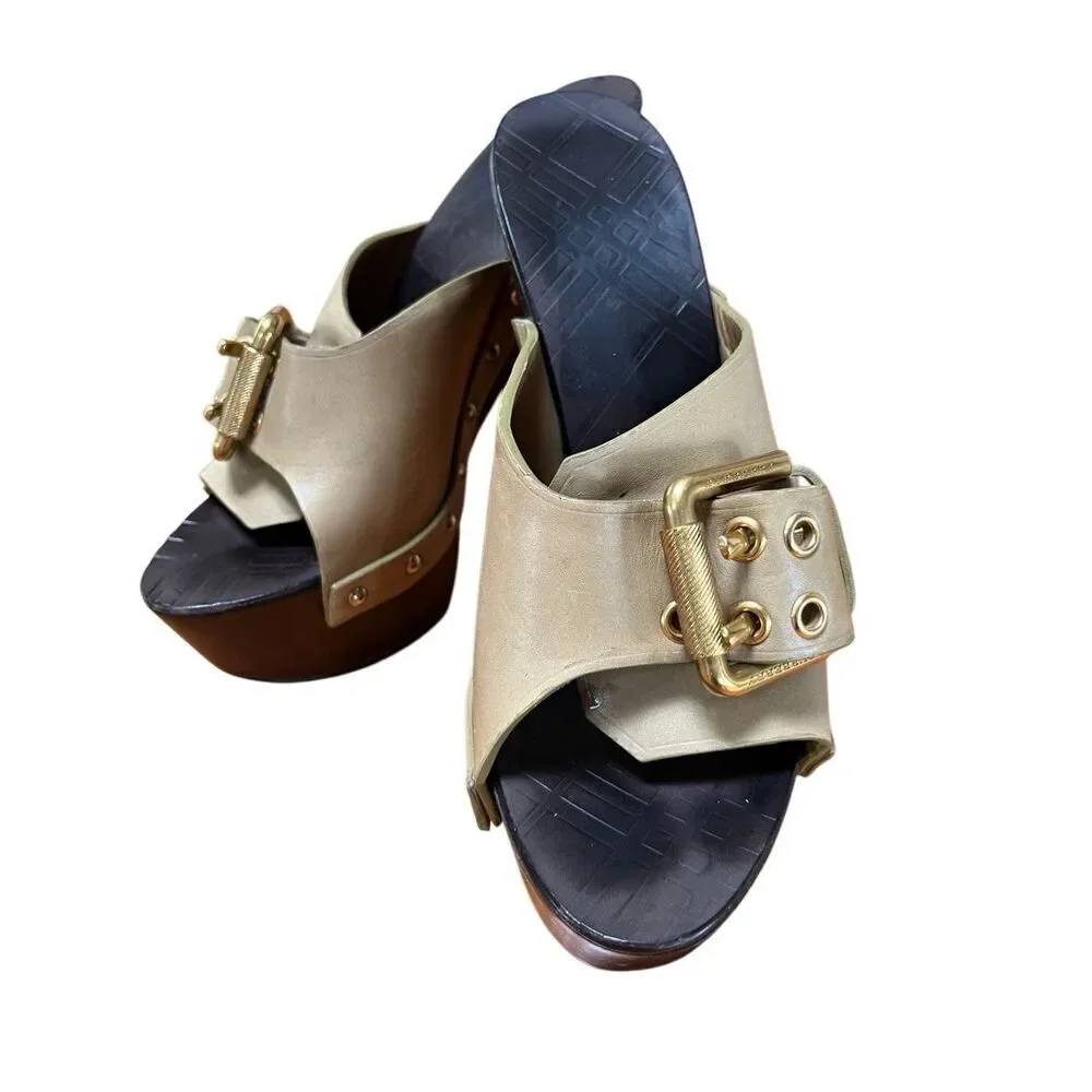 Burberry Olive Green Leather Gold Buckle Platform Stiletto Heels EU 39 US 8 - Picture 14 of 15